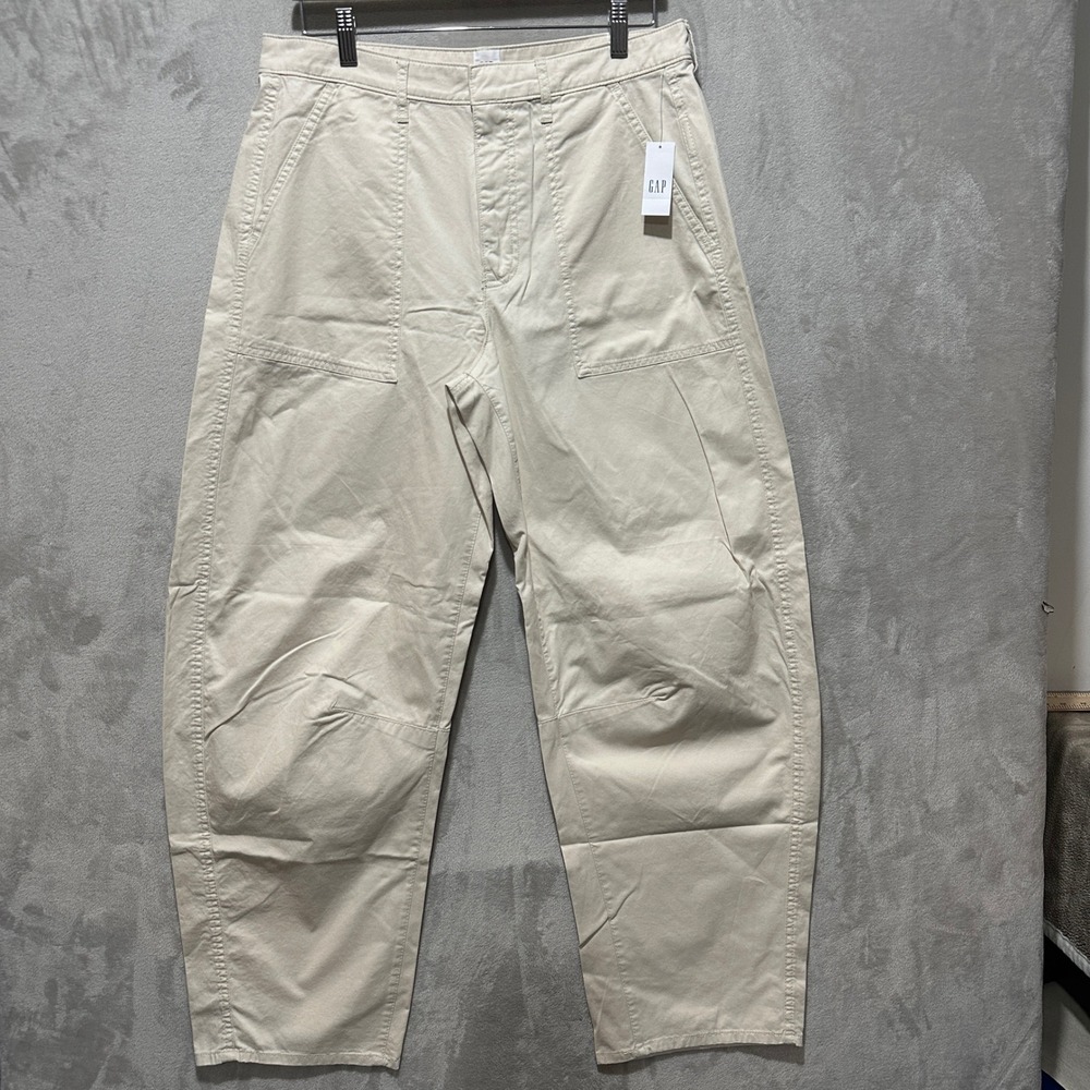 GAP Womens 10 Tall Barrel Leg Utility Chino Pants Cream Beige High Rise NWT